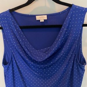 Royal blue drape neck blouse with silver dot trim L